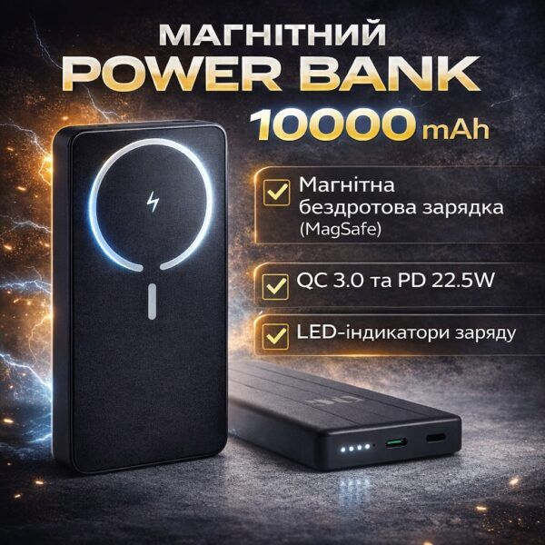 Power Bank King Power WPG-104 Magnetic 10000 mAh з бездротовою зарядкою MagSafe та швидкою зарядкою QC 3.0/PD 22.5W