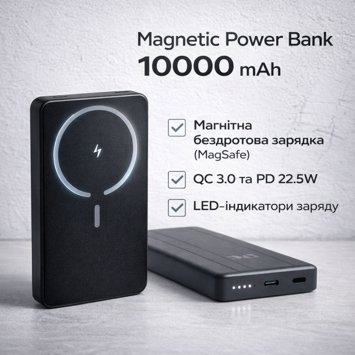 Power Bank King Power WPG-104 Magnetic 10000 mAh з бездротовою зарядкою MagSafe та швидкою зарядкою QC 3.0/PD 22.5W
