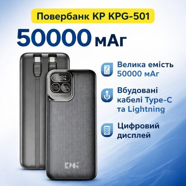 Повербанк KP KPG-501 Power Bank 50000 мА·год 22,5 Вт з дисплеєм та вбудованими кабелями
