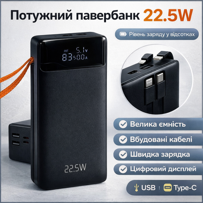 Портативна батарея KPG KPG-507 Power Bank 20000mAh 22.5W із цифровим дисплеєм
