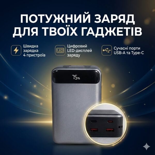 Зовнішній акумулятор King Power KPG-316 30000 mAh 22.5W з чорним дисплеєм