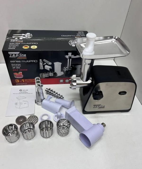 Електром'ясорубка + соковитискач та з шатківницею 4 насадки Zepline ZP-203