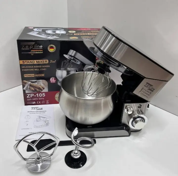 Планетарний міксер тістоміс Zepline ZP-105 з нержавіючої сталі Кухонний комбайн з чашею на 6л потужністю 3500 Вт